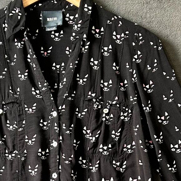 Maeve Anthropologie Clever Cat Print Long Sleeve Top Black Rayon-Women's Size 4 - Picture 1 of 10